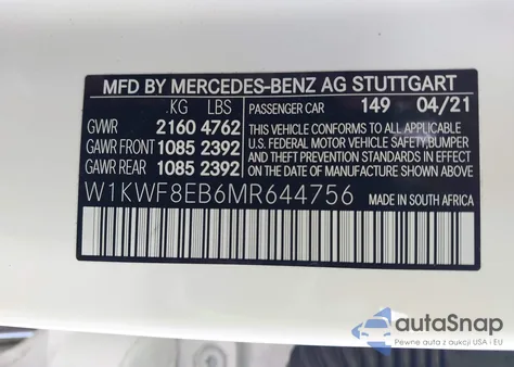 2021 Mercedes-Benz C 300 4Matic z USA, uszkodzony, nr VIN W1KWF8EB6MR644756
